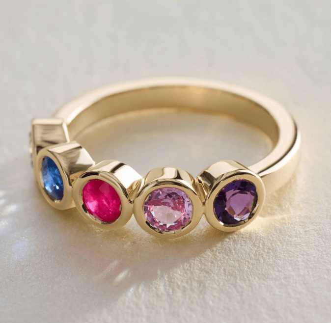 Personalized Round Cut Two Birthstone Ring With Lab-Grown Diamonds In 14K Yellow Gold
